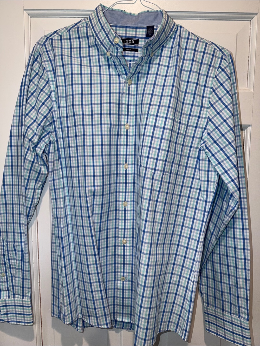 IZOD Men's Blue & Green Plaid Button-Down Shirt (M)